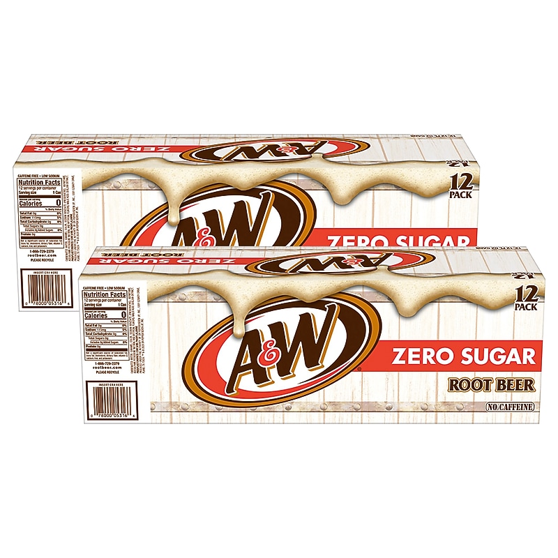 A&W Zero Sugar Root Beer Soda, 12 oz., 12 Cans/Pack, 2 Packs/Carton (10000853) image 1