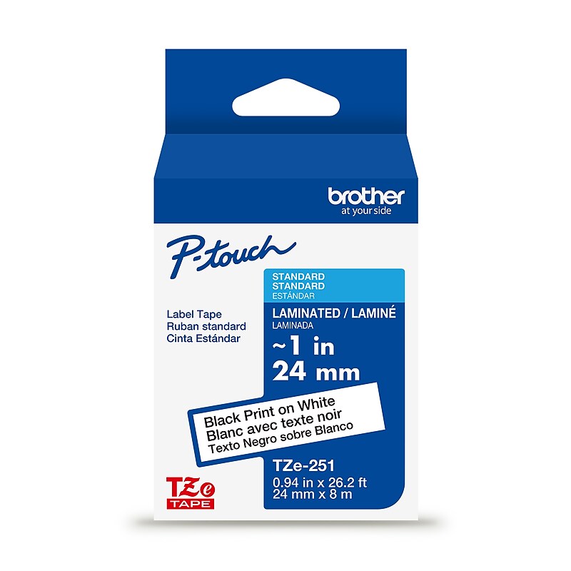 Brother P-touch Laminated Label Tape, 1" x 26.2', Black on White (TZe251) image 1