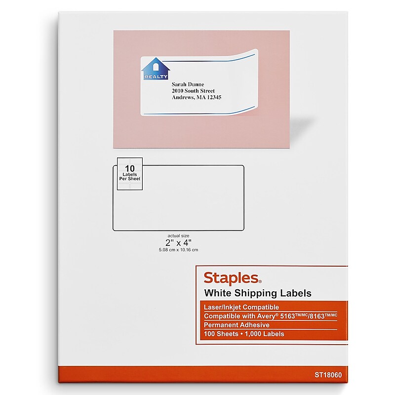 Staples Laser/Inkjet Shipping Labels, 2" x 4", White, 10 Labels/Sheet, 100 Sheets/Pack (ST18060-CC) image 1