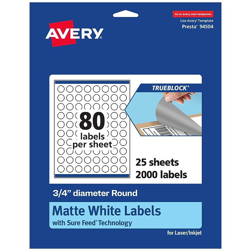 Avery Laser/Inkjet Round Multipurpose Labels, White, 80 Labels/Sheet, 25 Sheets/Pack (94504-TWMP25) image 1