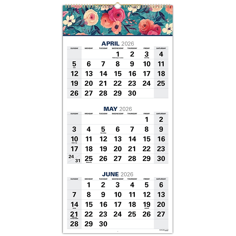 2026-2027 Excello Brands Large Print 13" x 27" Academic Monthly Wall Calendar, Teal Floral (WC-AY26-1327-17) image 1