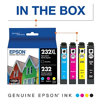 Epson 232XL/232 Black High Yield and Cyan/Magenta/Yellow Standard Yield Ink Cartridge, 4/Pack (T232XL-BCS)