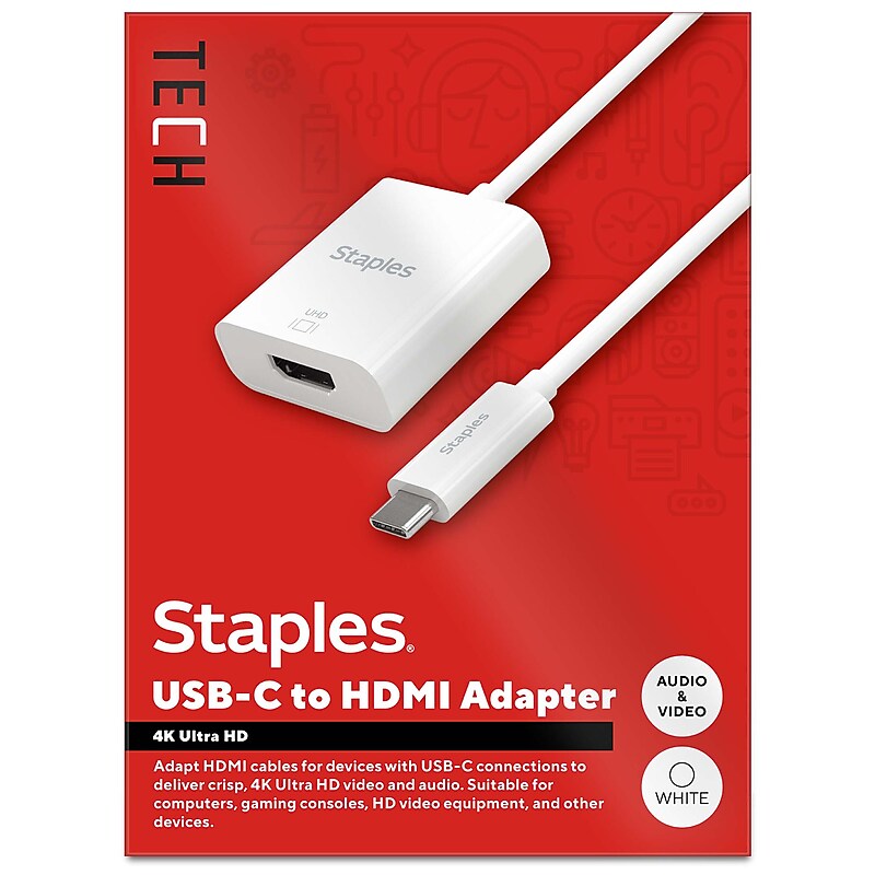 Staples TECH USB-C to HDMI Audio/Video Adapter, Male to Female, White (ST62365) image 1