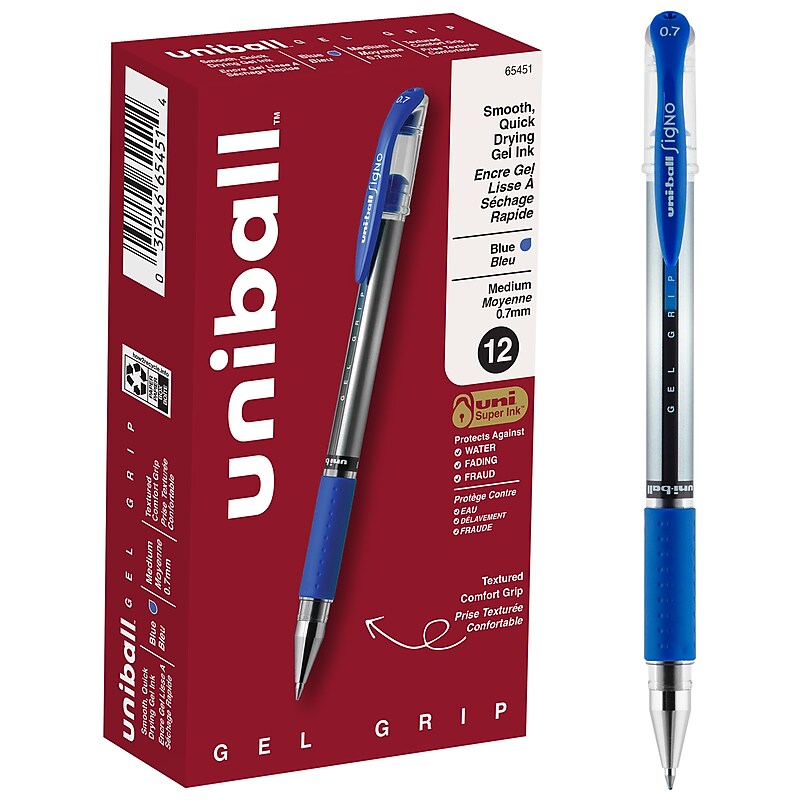 uni-ball Gel Grip Gel Pens, Medium Point, 0.7mm, Blue Ink, 12/Pack (65451) image 1