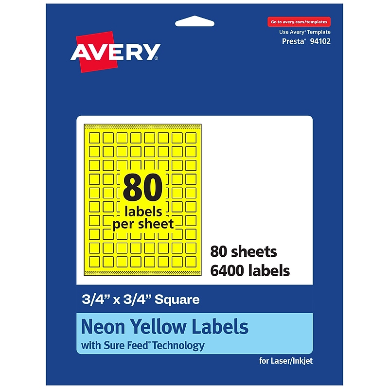 Avery Laser/Inkjet Square Multipurpose Labels, 0.75" x 0.75", Neon Yellow, 6400/Box (94102) image 1