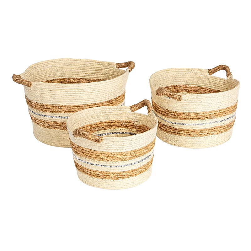 Household Essentials Handwoven Corded Paper & Cattail Striped Baskets with Handles, 3/Set (HE1228) image 1