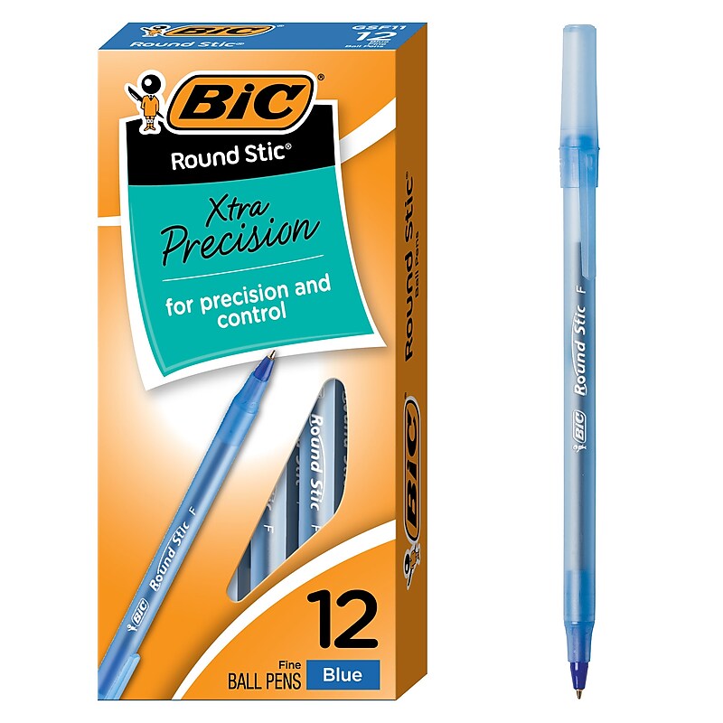 BIC Round Stic Xtra Precision Ballpoint Pens, Fine Point, 0.8mm, Blue Ink, Dozen (20130/GSF11BL) image 1