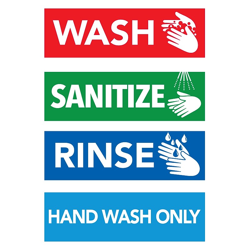 Cosco Wash, Rinse, Dry, Sanitize Signs, 2.75" x 9", Assorted Colors, 4/Pack (098560) image 1