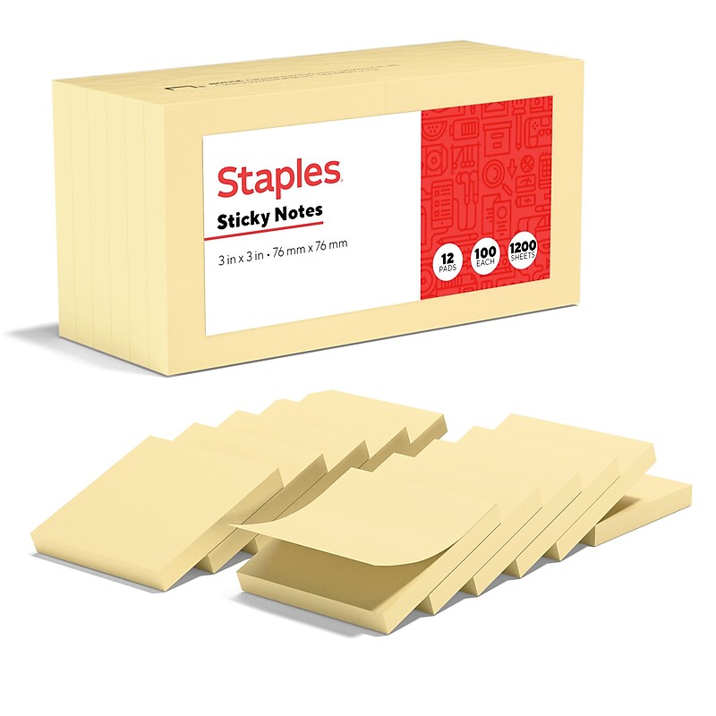 Staples Recycled Sticky Notes, 3" x 3", Sunshine Collection, 100 Sheets/Pad, 12 Pads/Pack (S33YR12/52564) image 1