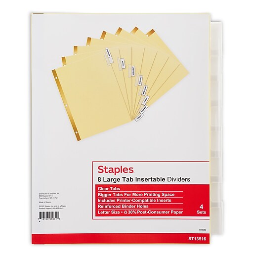 Staples Large Tab Insertable Dividers, 8Tab, Clear, 4/Pack (13516/