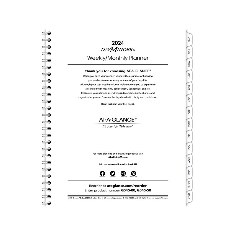 2024 AT-A-GLANCE DayMinder Executive 8.75" x 7" Weekly & Monthly Planner Refill, White/Gray (G545-50-24) image 1