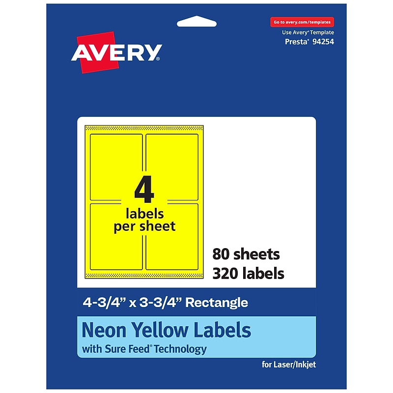 Avery Laser/Inkjet Rectangle Multipurpose Labels, 4.75" x 3.75", Neon Yellow, 320/Box (94254) image 1