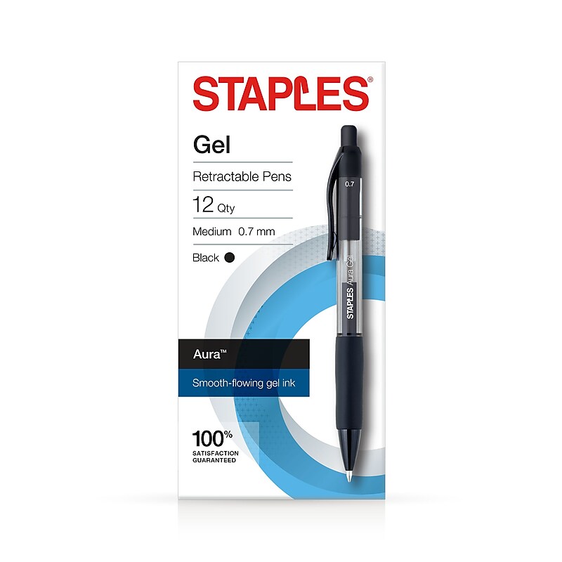 Staples Aura Retractable Gel Pens, Medium Point, Black Ink, Dozen (29195) image 1