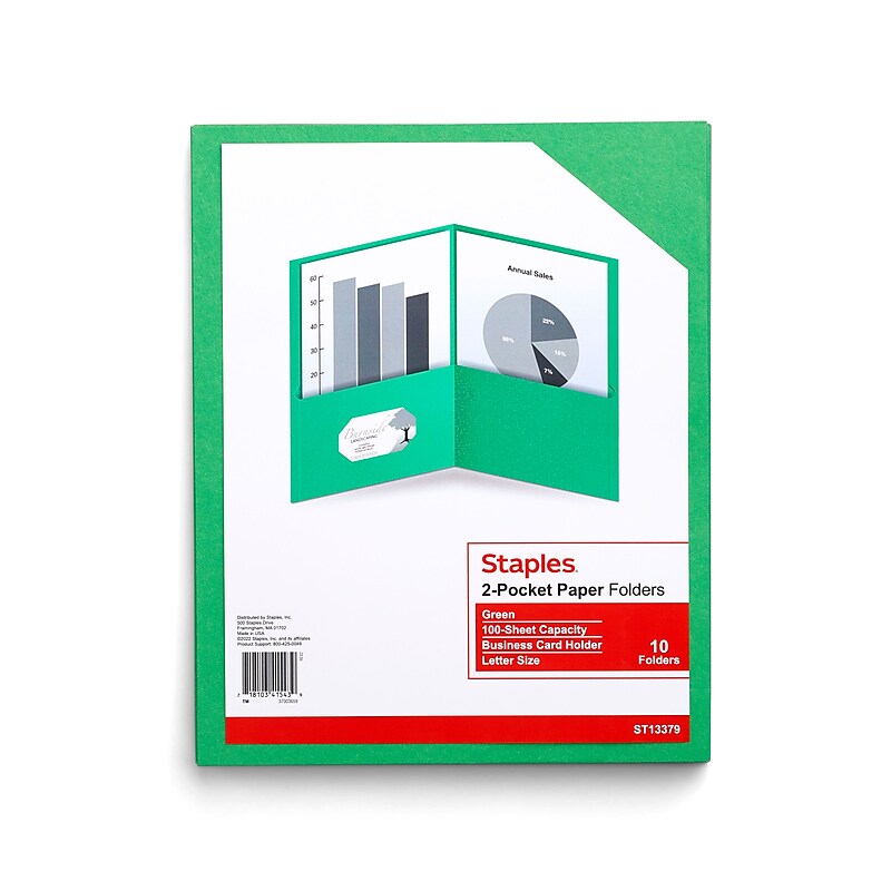 Staples 10% Recycled Smooth 2-Pocket Paper Presentation Folder, Green, 10/Pack (13379-US) image 1