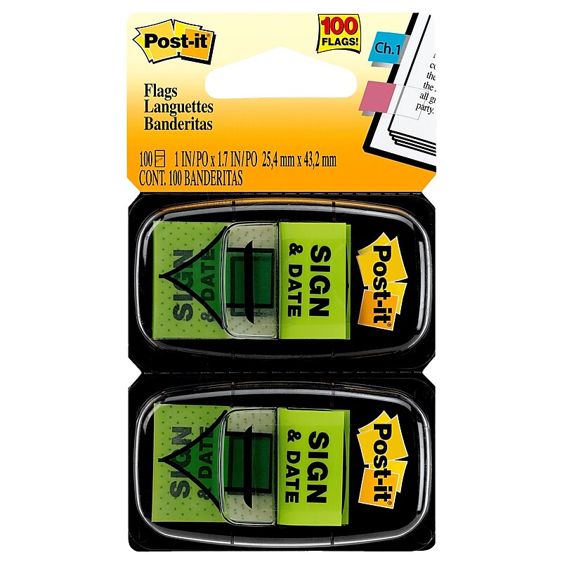 Post-it 'Sign and Date' Message Flags, 1" Wide, Green, 100 Flags/Pack (680-SD2) image 1
