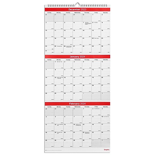 2025 Staples 12" x 27" Wall Calendar, Red/White (ST5392024) Staples