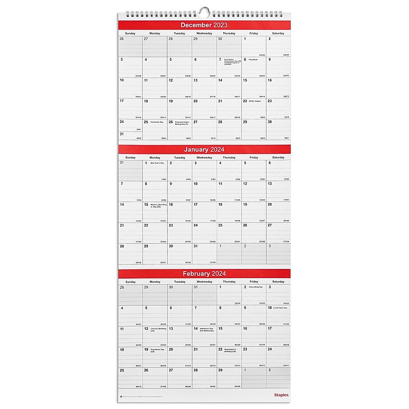 2024 Staples 12" x 27" Wall Calendar, Red/White (ST53920-24) image 1