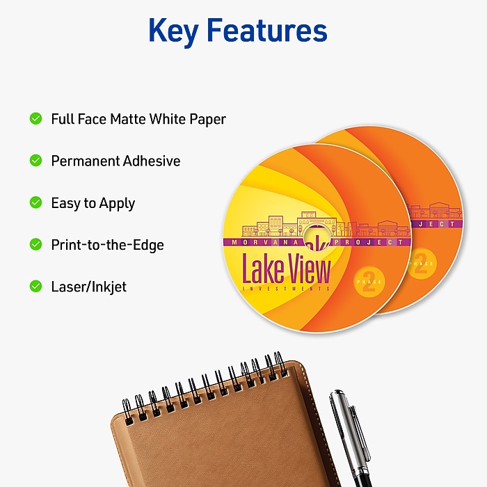 Avery Inkjet Full Face CD Labels, Matte White, 2 Labels/Sheet, 20