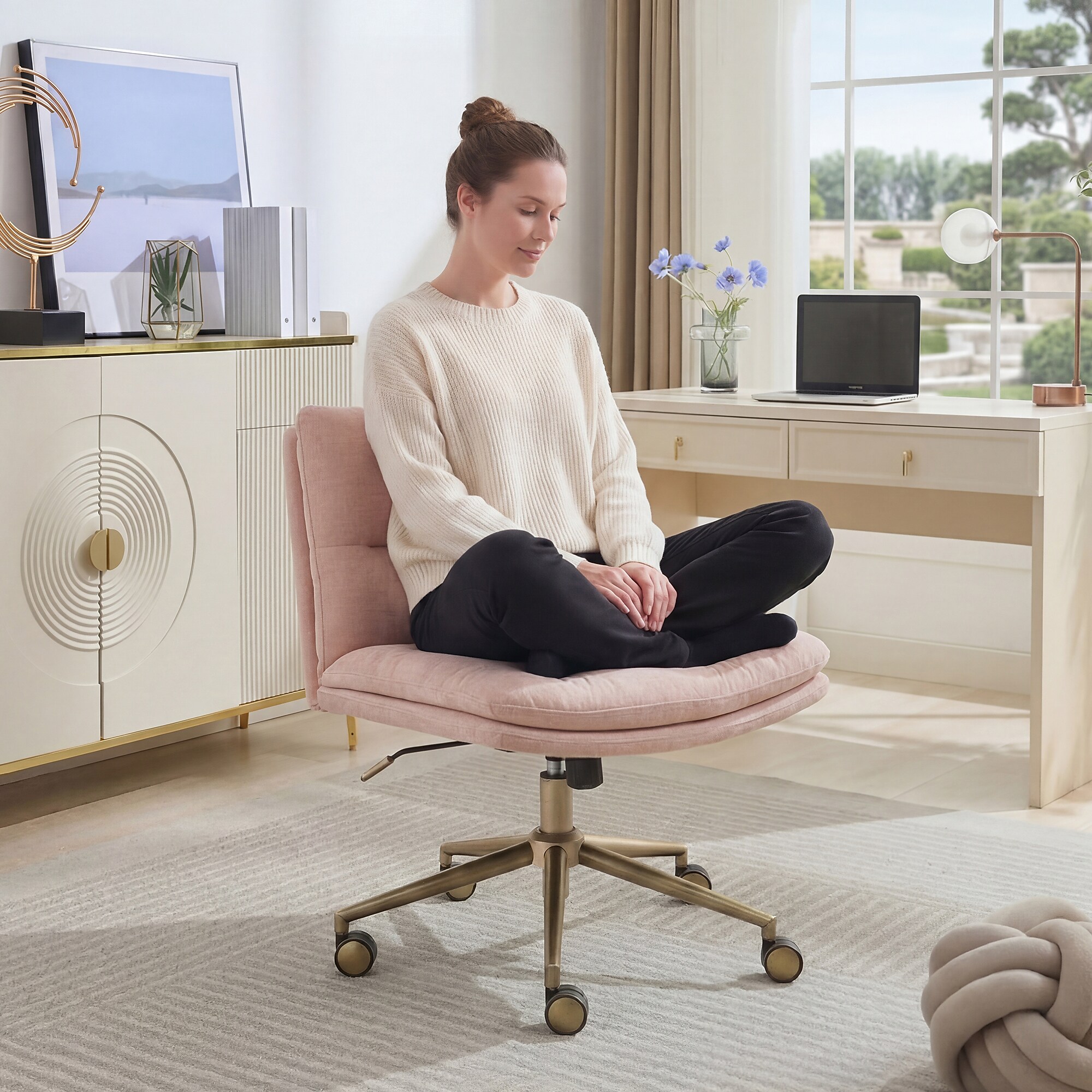 Elle Decor Ariana Criss Cross Armless Ergonomic Fabric Swivel Computer and Desk Chair, Pink (60121-PNK) Sansujyuku sansujyuku.com