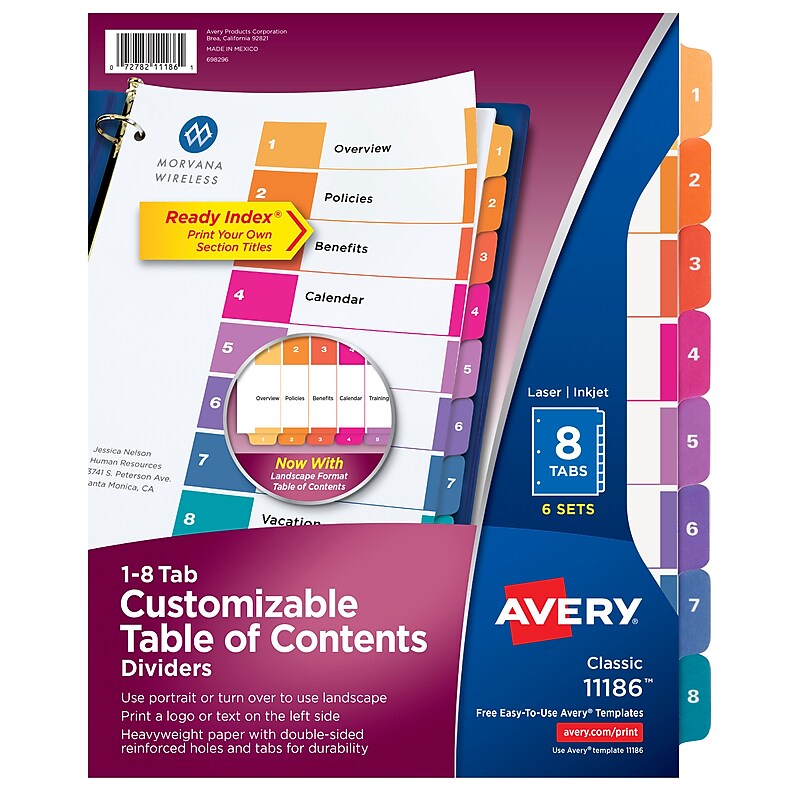 Avery Ready Index Table of Contents Pre-Printed Numeric Paper Divider, 8 Tabs, Multicolor, 6 Sets (11186) image 1