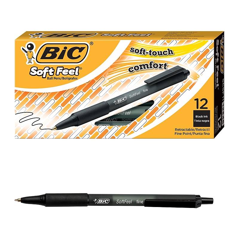 BIC Soft Feel Retractable Ballpoint Pens, Medium Point, 1.0mm, Black Ink, Dozen (SCSM11BLK) image 1