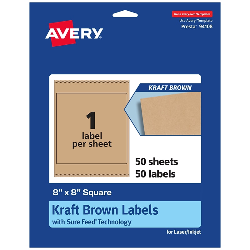 Avery Laser/Inkjet Square Multipurpose Labels, 8" x 8", Kraft Brown, 50 Labels/Box ( 94108) image 1