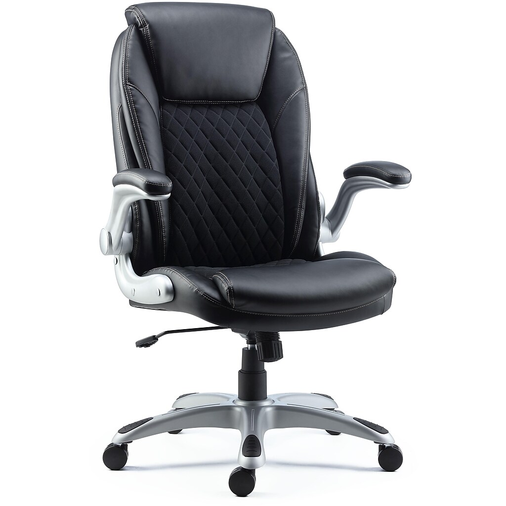 Bonded leather swivel executive chair in black with quilted center and metal base