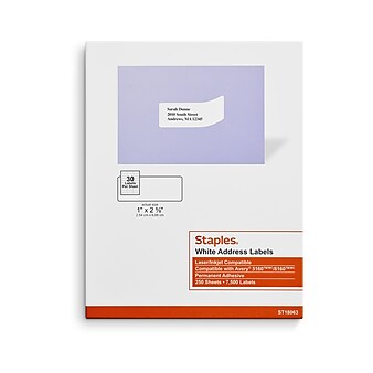 Staples Laser/Inkjet Address Labels, 1" x 2 5/8", White, 30 Labels/Sheet, 250 Sheets/Pack, 7500 Labels/Box  (18063/SIWT100)