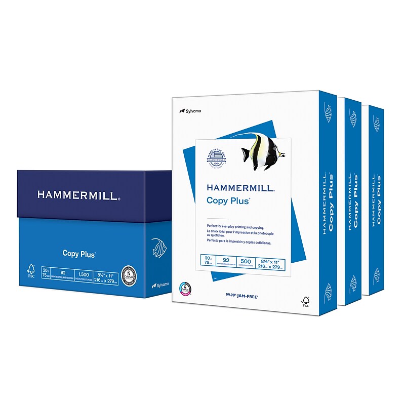 Hammermill Copy Plus 8.5" x 11" Copy Paper, 20 lbs., 92 Brightness, 500 Sheets/Ream, 3 Reams/Carton (105040) image 1