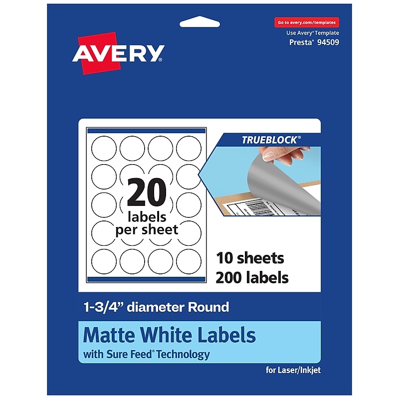 Avery TrueBlock Laser/Inkjet Round Multipurpose Labels, 1.75" Dia., White, 200 Labels/Pack (94509) image 1
