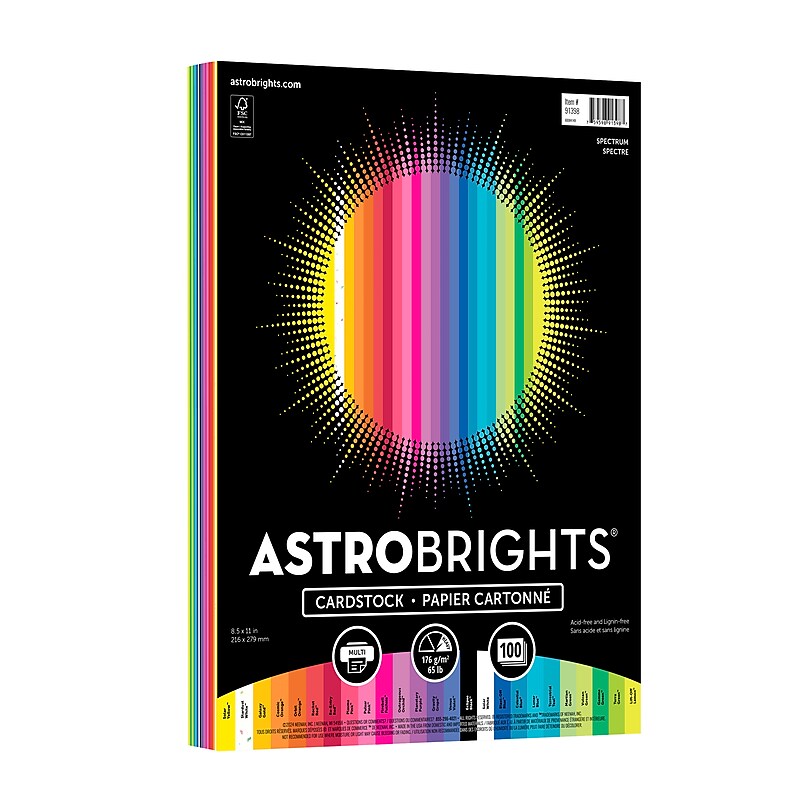 Astrobrights 65 lb. Cardstock Paper, 8.5" x 11", Spectrum Assortment, 100 Sheets/Ream (91398) image 1