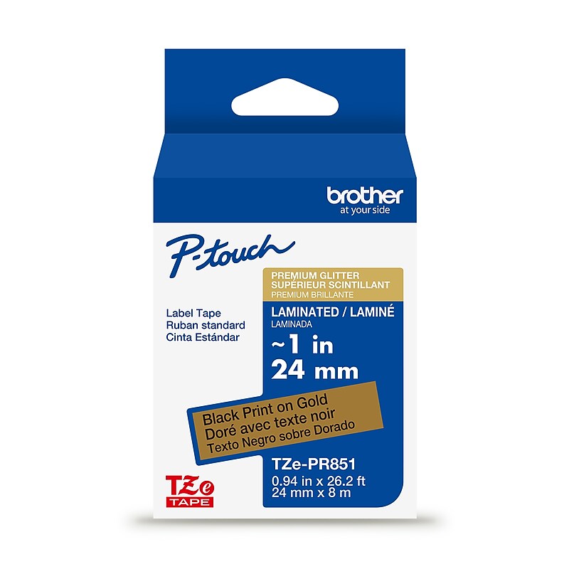 Brother P-touch Premium Glitter Laminated Label Tape, ~1" x 26.2', Black on Gold (TZePR851) image 1