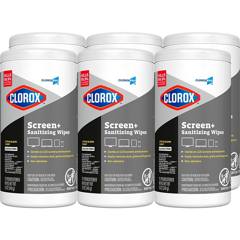 CloroxPro Clorox Screen+ Sanitizing Wipes, Bleach Free, Citrus Blend Scent, 75 Wipes/Container, 6/Carton (60724CT) image 1