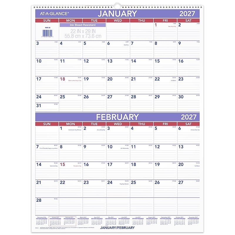 2027 AT-A-GLANCE 22" x 29" Two-Month Wall Calendar, White/Purple (PM9-28-27) image 1