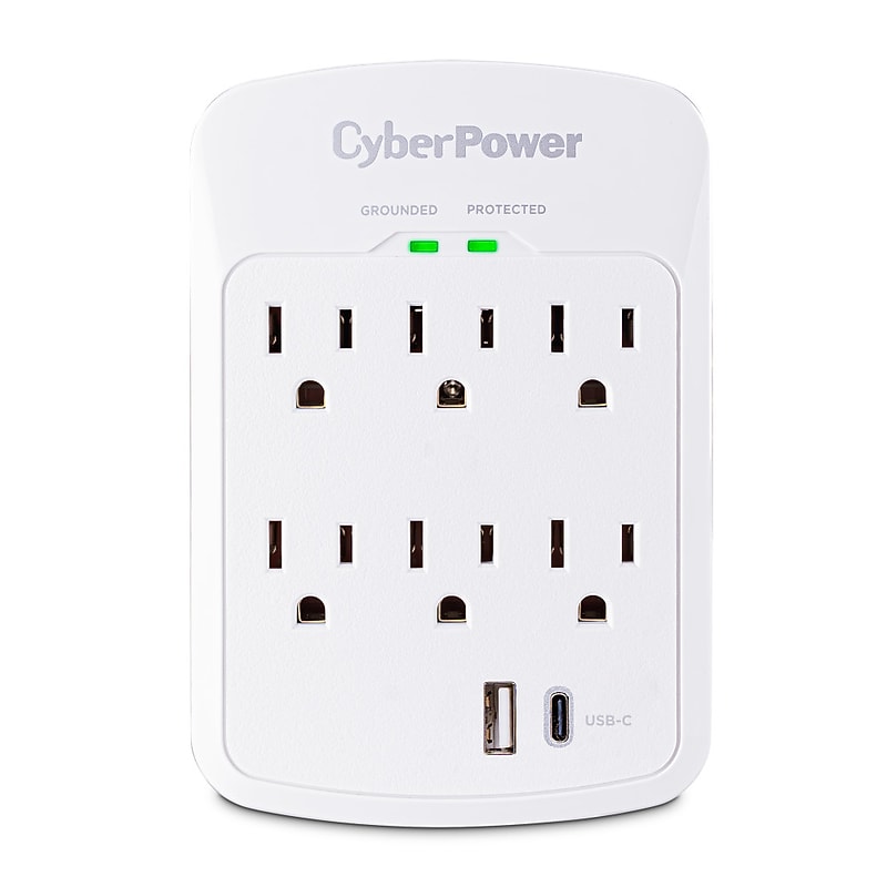 CyberPower P6WUC15 Home Office 6-Outlet Wall Tap Surge Protector, 1-USB-C & 1 USB-A Port, 3 ft. Cord, 1800J Surge Suppression image 1
