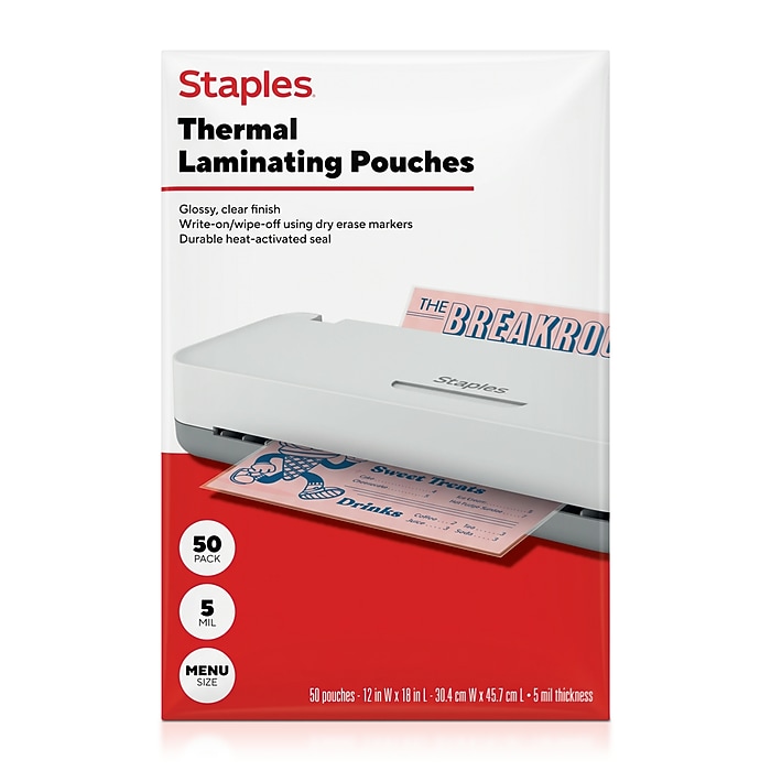 Staples Thermal Laminating Pouches, Menu Size, 5 Mil, 50/Pack