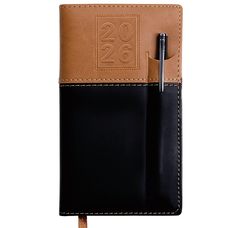 2026 Global Printed Products 3.5" x 6" Weekly & Monthly Planner, Faux Leather Cover, Black/Brown (NRY26-PKT-BN-P) image 1