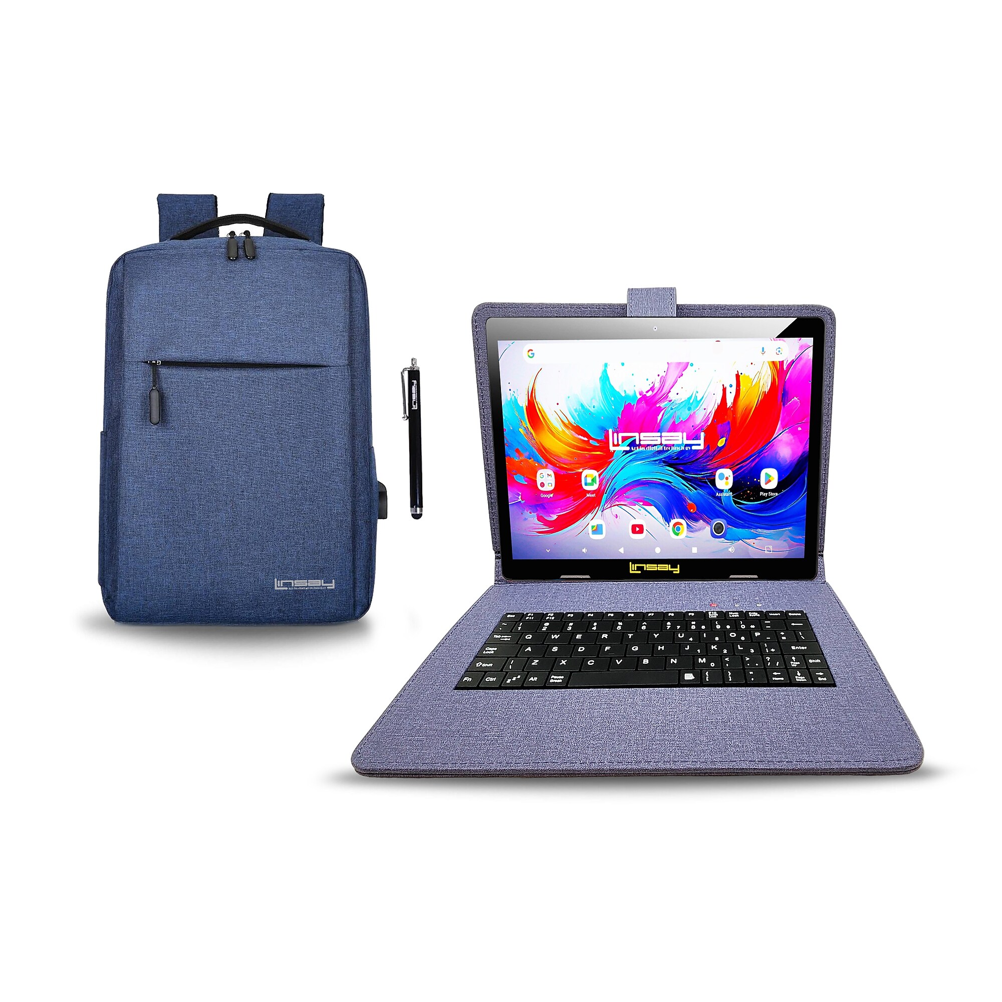 Linsay F10 Series 10.1″ Tablet, Wi-Fi, Octa Core, 256GB eMMC, Android 15, with Blue Cloth Keyboard Case, Backpack, & Stylus Pen Sansujyuku sansujyuku.com