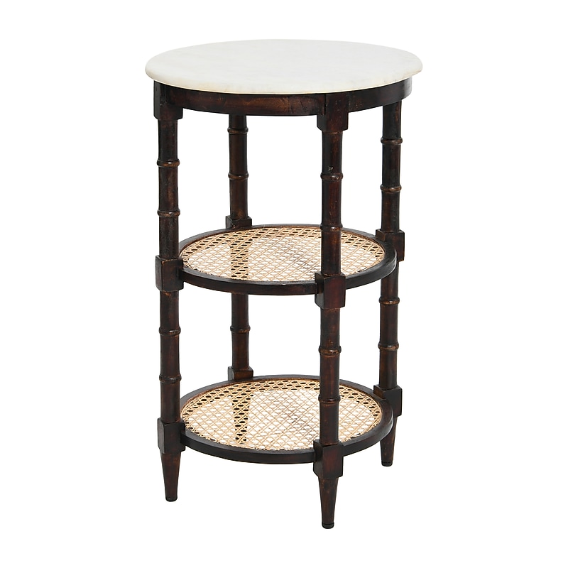 Storied Home 17.8"Dia. Marble Round End Table, 2 Shelves, White/Brown/Natural (EC0836) image 1