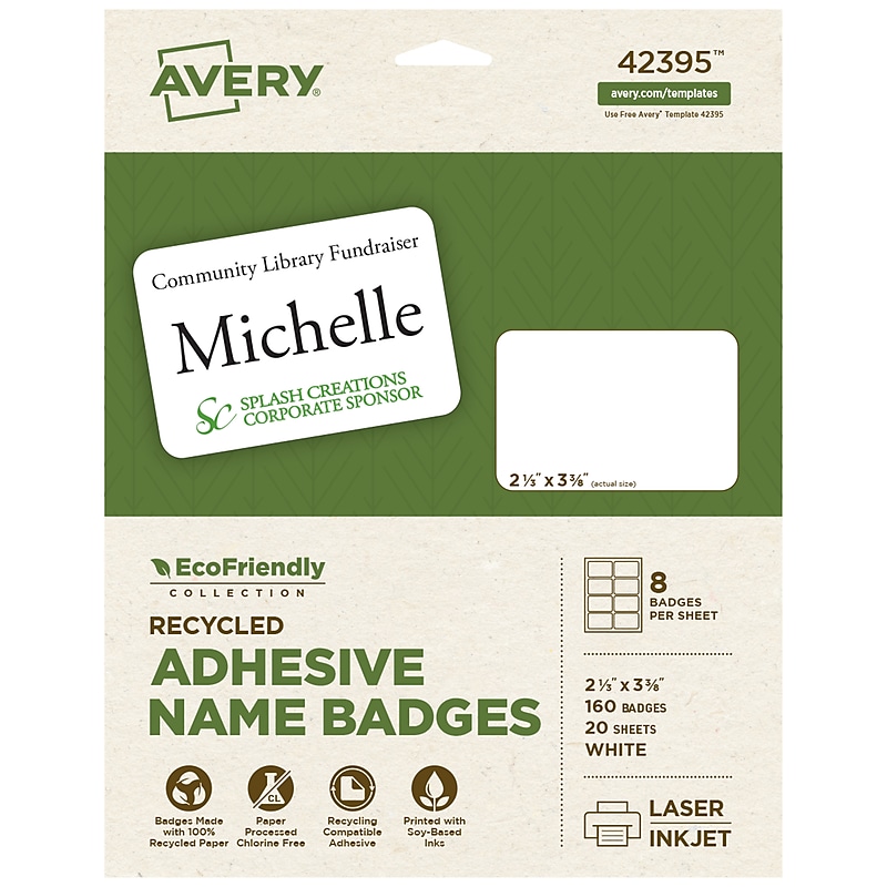 Avery EcoFriendly Stick On Sticker Name Tags/Labels, White, 20 Sheets/Pack, 160 Labels/Pack (42395) image 1