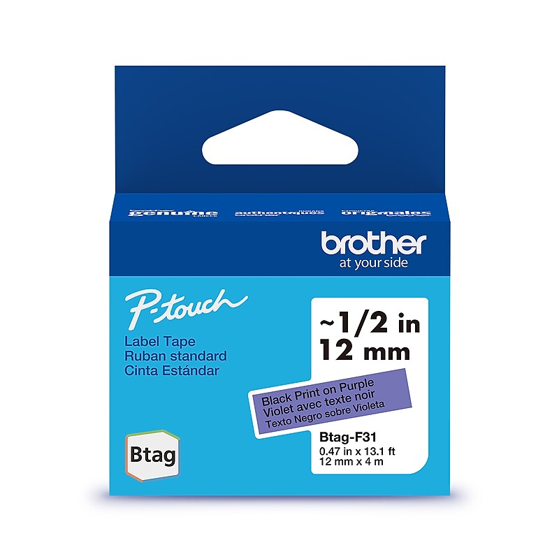 Brother P-touch Btag Label Tape, 1/2" x 13.1' (12mm x 4m), Black on Purple (BTAGF31) image 1