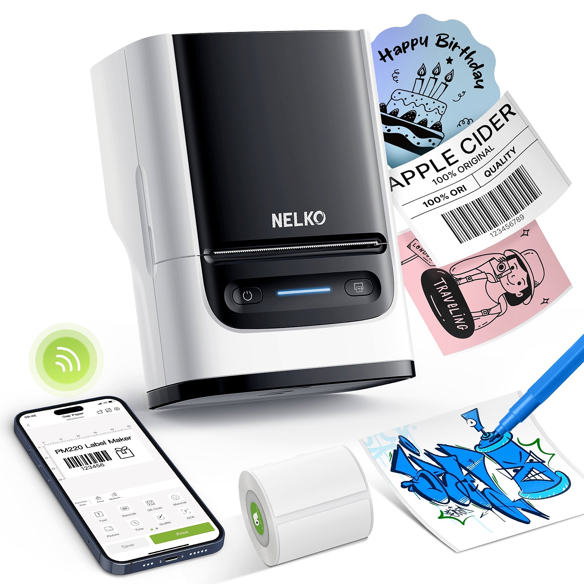 Nelko PM220 Portable Bluetooth Thermal Label Printer, White (P220WH-4030W-1R) Sansujyuku sansujyuku.com