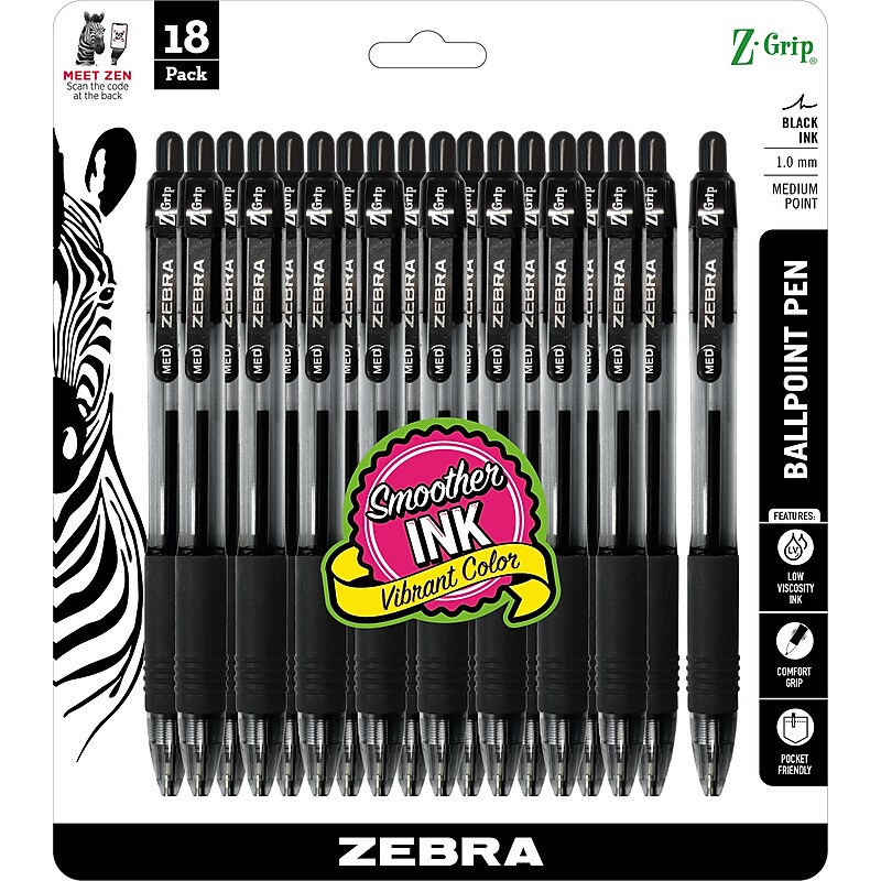 Zebra Z-Grip Retractable Ballpoint Pen, Medium Point, 1.0mm, Black Ink, 18 Pack (ZEB22218) image 1