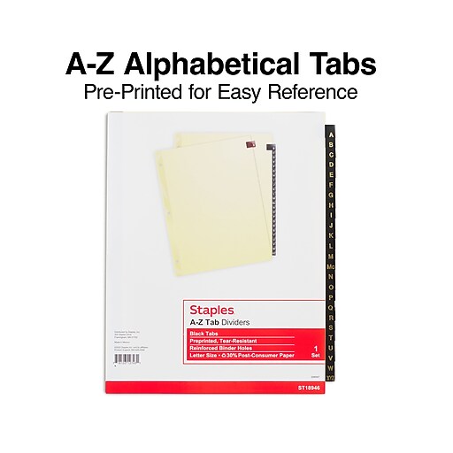 Staples Alphabetical AZ Leather Dividers, Black 26 Tab, Buff (18946/