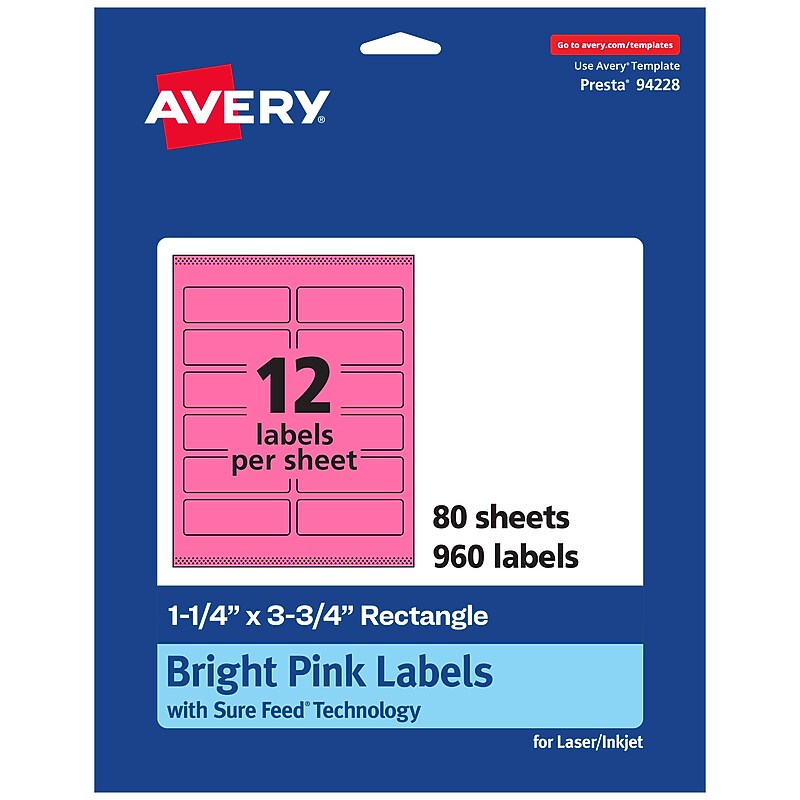 Avery Laser/Inkjet Rectangle Multipurpose Labels, 1.25" x 3.75", Bright Pink, 960/Box (94228) image 1