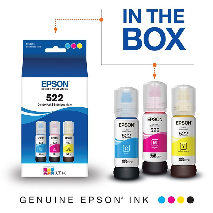 Epson T522 Cyan/Magenta/Yellow Standard Yield Ink Bottle, 3/Pack