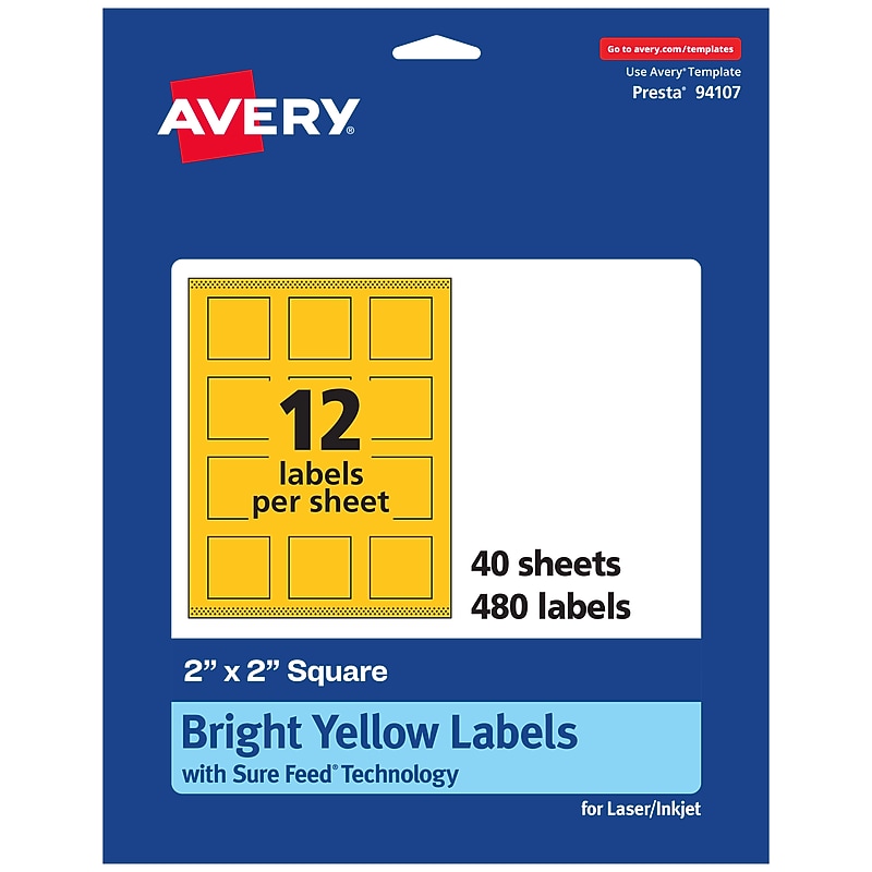 Avery Laser/Inkjet Square Multipurpose Labels, 2" x 2", Bright Yellow, 480/Pack (94107) image 1