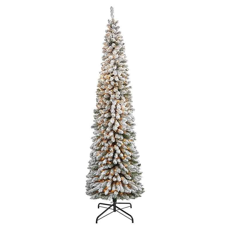 Nearly Natural 8-ft Flocked Pencil Artificial Christmas Tree with 500 Clear Lights and 646 Bendable Branches (T1908) image 1