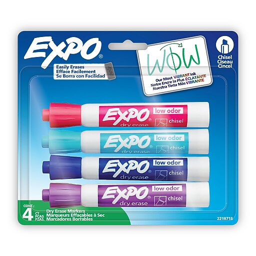 Expo Low Odor Dry-Erase Marker, Assorted Colors, Chisel Tip, 4