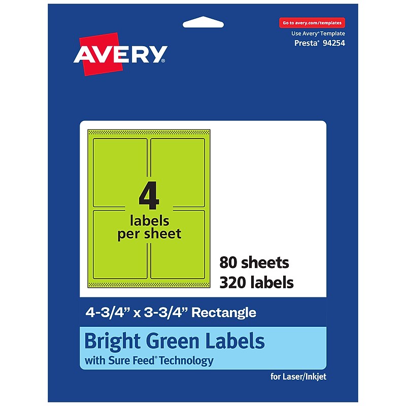 Avery Laser/Inkjet Multipurpose Rectangle Labels, 4.75" x 3.75", Bright Green, 320/Box (94254) image 1